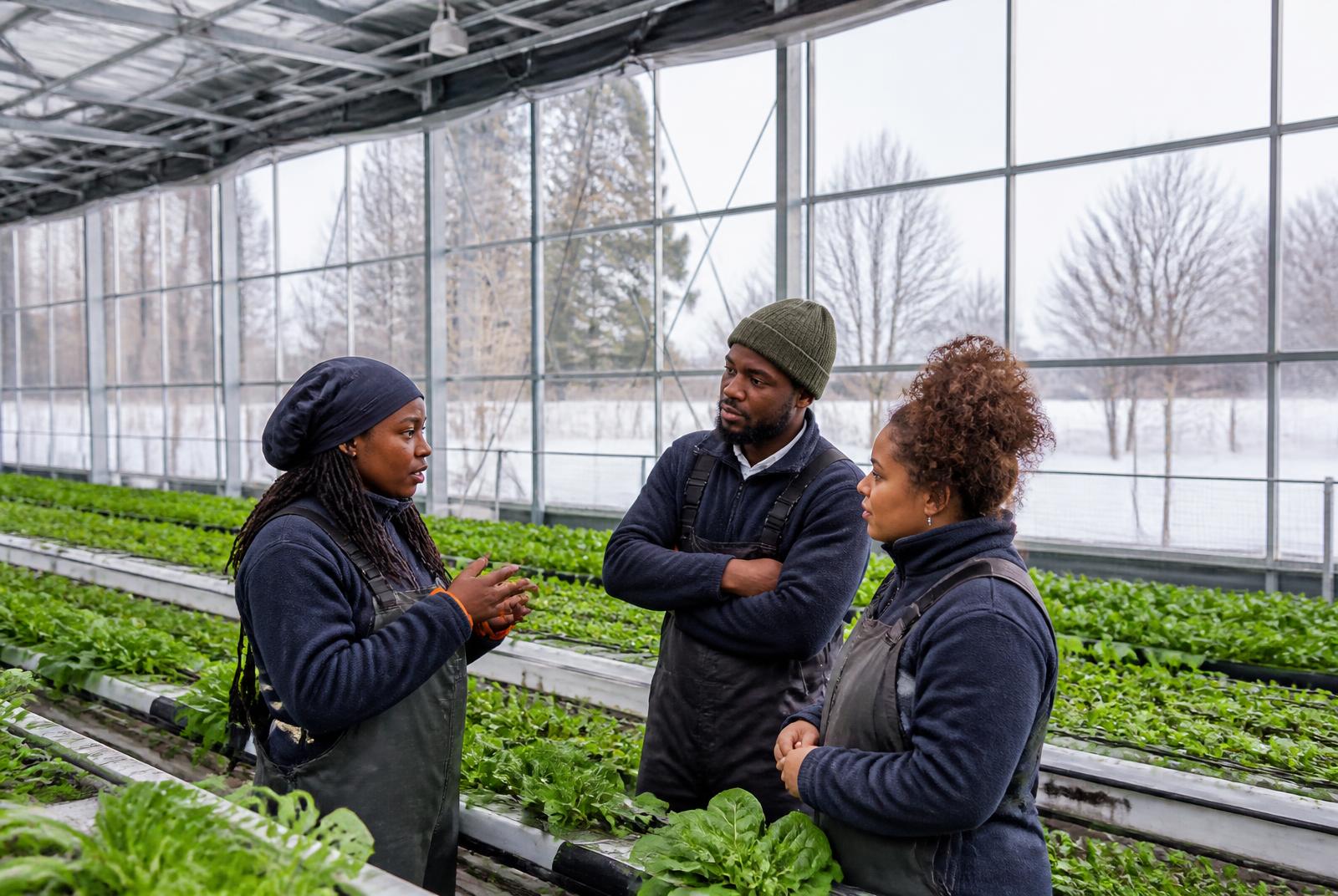 Farm workers talking beside the vegetable beds and greenhouse