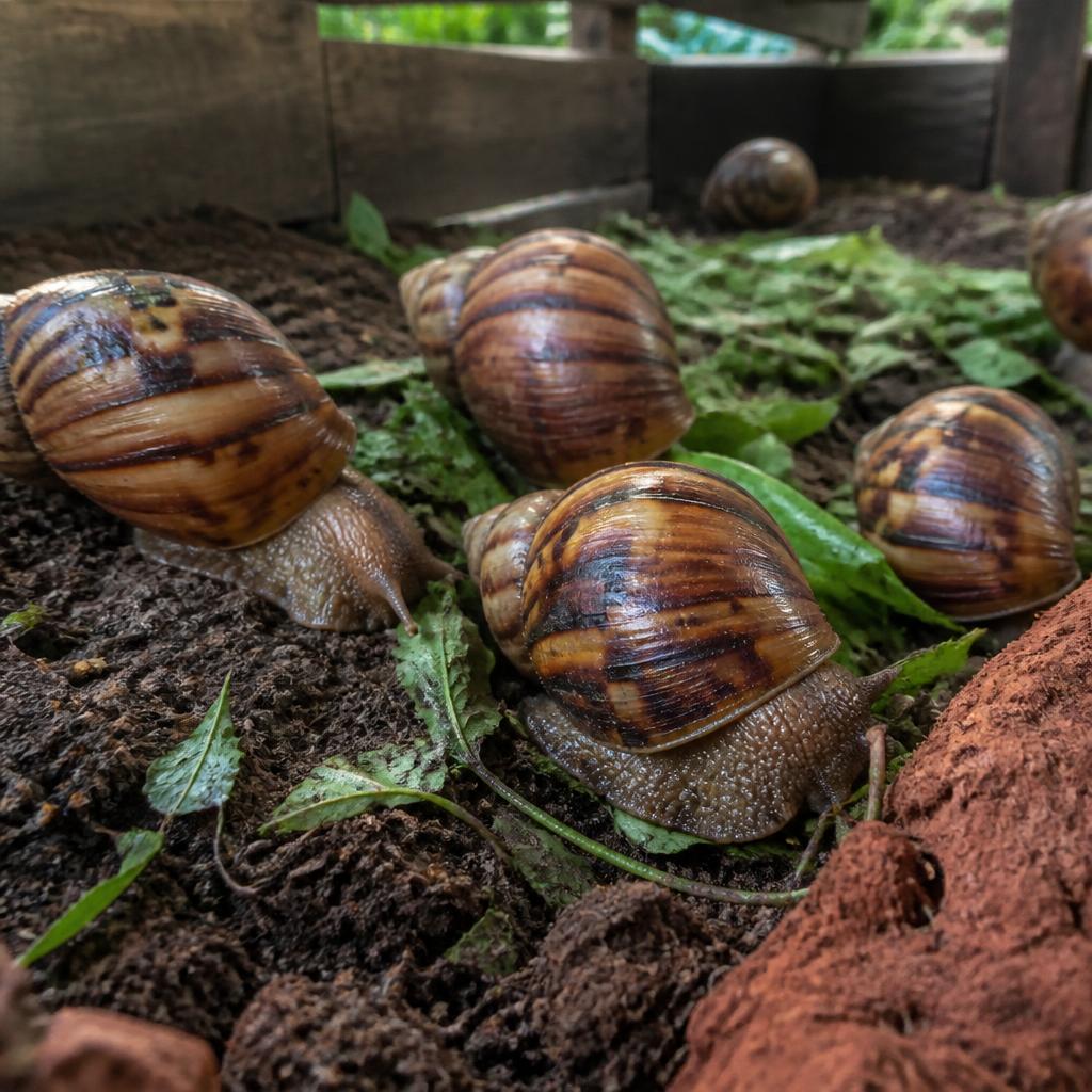 Giant African snails on damp soil inside a snail pen